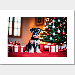 Schnauzer Puppy Dog with Holiday Gifts Posters and Art
